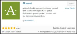 Akismet comment spam plugin